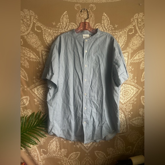 Cozy Earth Coastal Comfort Mock Neck Short Sleeve Button Down in Ocean Stripe - Picture 4 of 8
